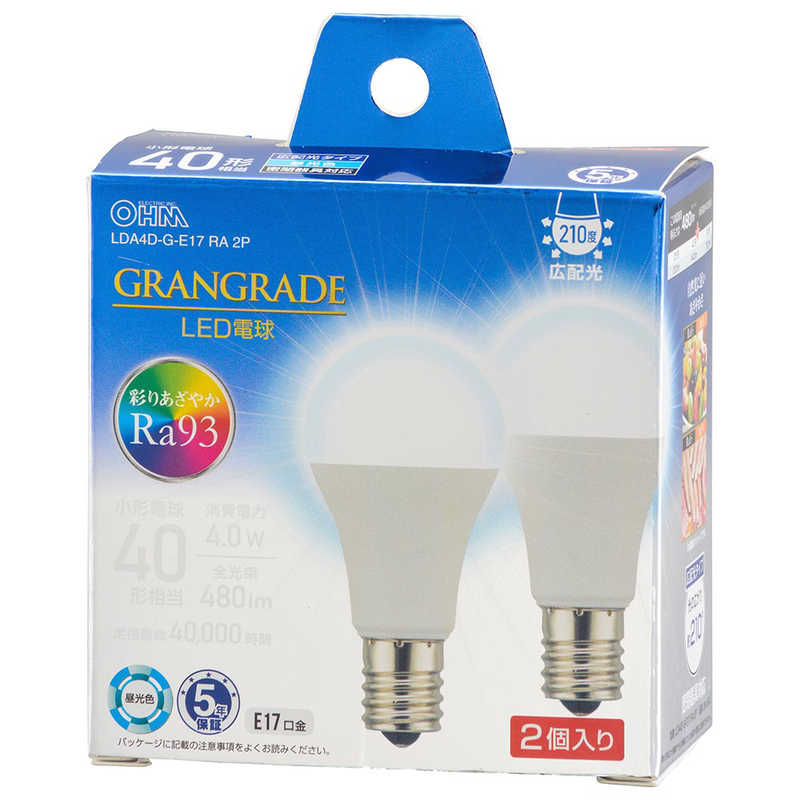 オーム電機 OHM ELECTRIC LED電球 GRANGRADE E17 40形相当 昼光色 広配光タイプ 2個セット LDA4D-G-E17 RA 2P