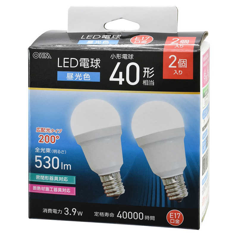 オーム電機 OHM ELECTRIC LED電球 E17 40形相当 昼光色 広配光タイプ 2個セット LDA4D-G-E17 IS53 2P