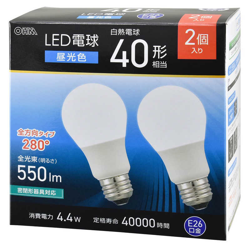 オーム電機 OHM ELECTRIC LED電球 E26 40形相当 昼光色 全方向タイプ 2個セット LDA4DGAG592P