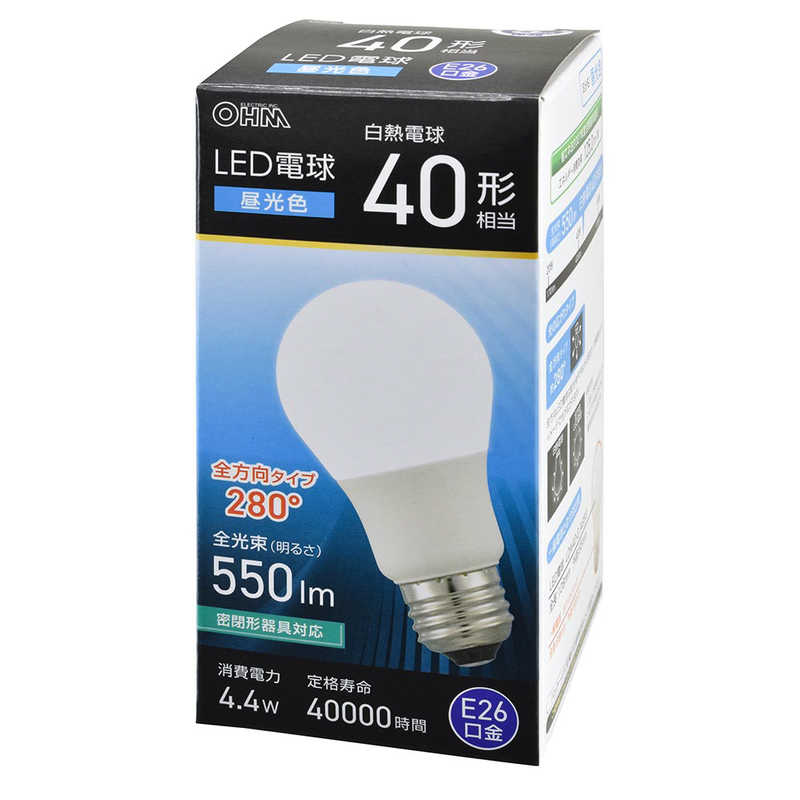 オーム電機 OHM ELECTRIC LED電球 E26 40形相当 昼光色 全方向タイプ LDA4DGAG59