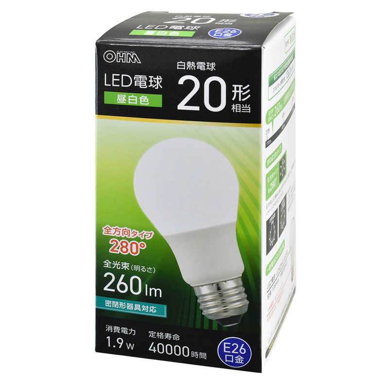 オーム電機 OHM ELECTRIC LED電球 E26 20形相当 昼白色 全方向タイプ LDA2NGAG59