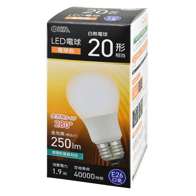 オーム電機 OHM ELECTRIC LED電球 E26 20形相当 電球色 全方向タイプ LDA2LGAG59