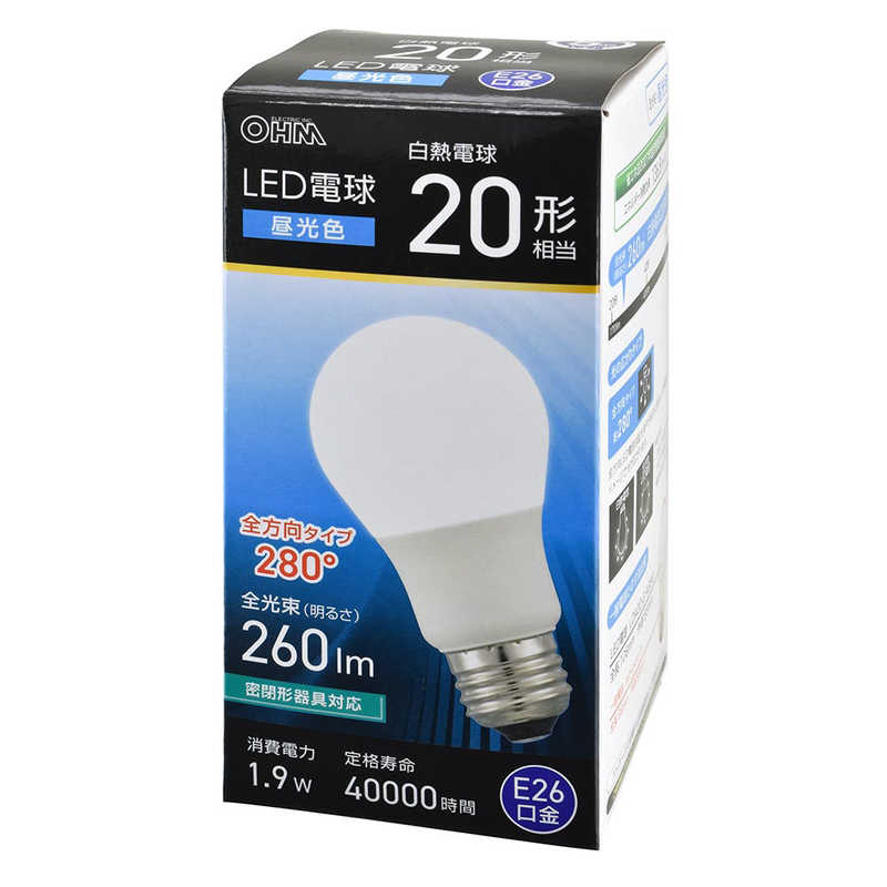 オーム電機 OHM ELECTRIC LED電球 E26 20形相当 昼光色 全方向タイプ LDA2DGAG59