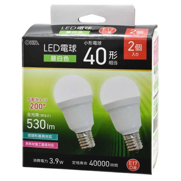 オーム電機 OHM ELECTRIC LED電球 小形 E17 広配光タイプ 40形相当 昼白色 2個入 LDA4N-G-E17 IS53 2P