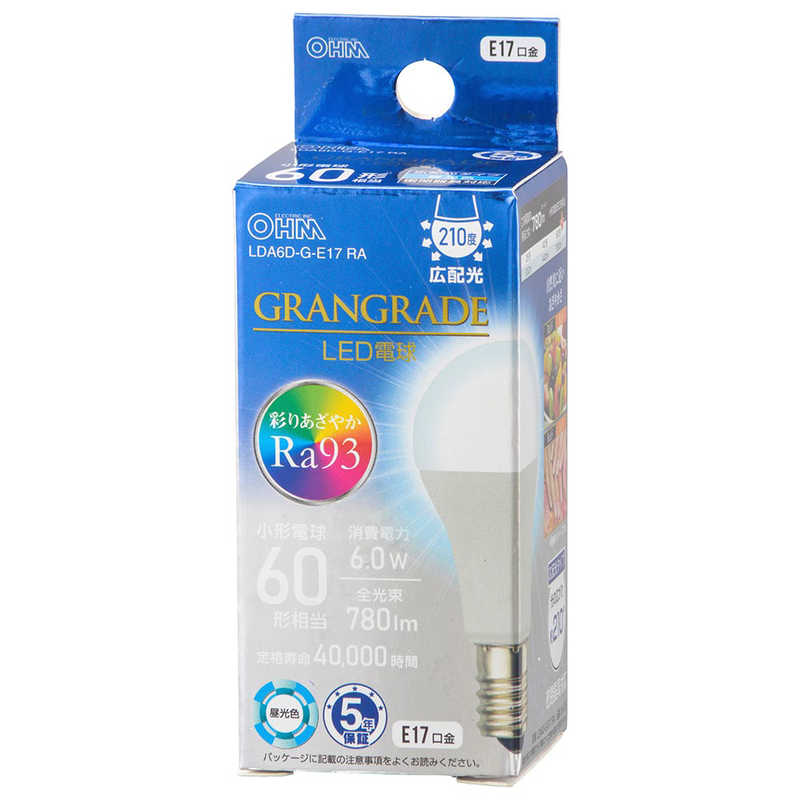 オーム電機 OHM LED電球小形E1760形相当昼光色高演色Ra93LDA6D-G-E17RA