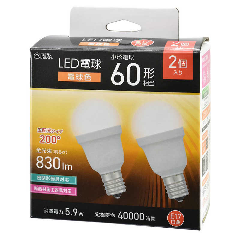 オーム電機 OHM LED電球小形 E17 60形相当 電球色 2個入LDA6L-G-E17 IS53 2P
