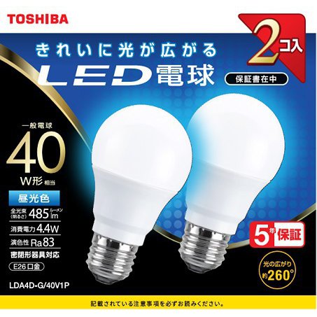 東芝 TOSHIBA LED電球 E26 昼光色 40W 全方向 D色 2P LDA4D-G/40V1P