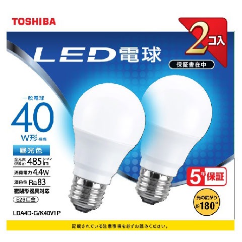 東芝 TOSHIBA LED電球 40W 昼光色 E26 2個セット LDA4D-G/K40V1P