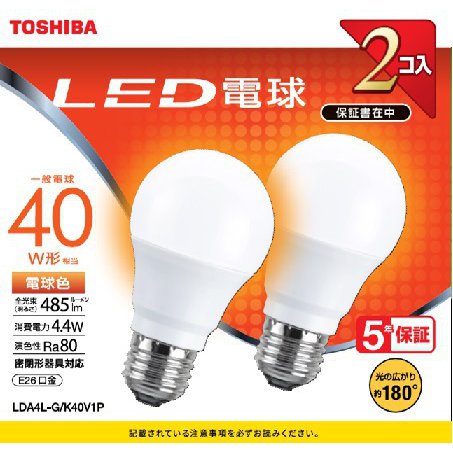 東芝 TOSHIBA LED電球 40W 広配光 L色 2P LDA4L-G/K40V1P