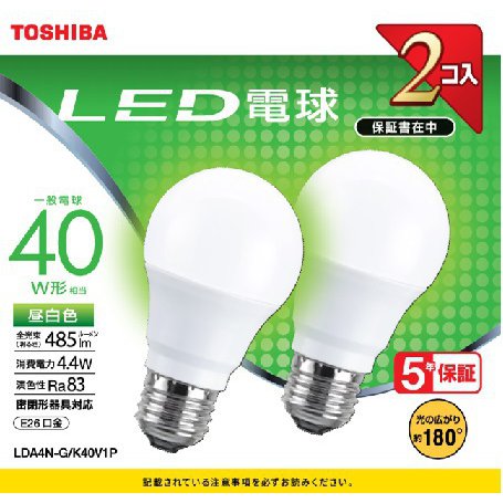 東芝 TOSHIBA LED電球 40W 広配光 N色 2P LDA4N-G/K40V1P