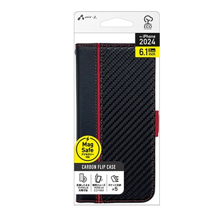 エアージェイ air-j iPhone 16 Pro用MAGSAFE対応 スリム手帳型ケース カーボン／レッドライン AC-P24-PB CBR