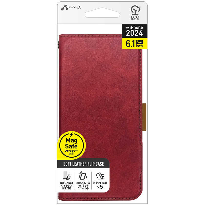 エアージェイ air-j iPhone 16用MAGSAFE対応 手帳型PBケース レッド AC-P24-PB RD