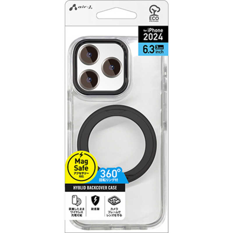 エアージェイ air-j iPhone 16 Pro(6.3インチ) Magsafe対応回転リングスタンドクリアケース ブラック ACP24PCMRBK