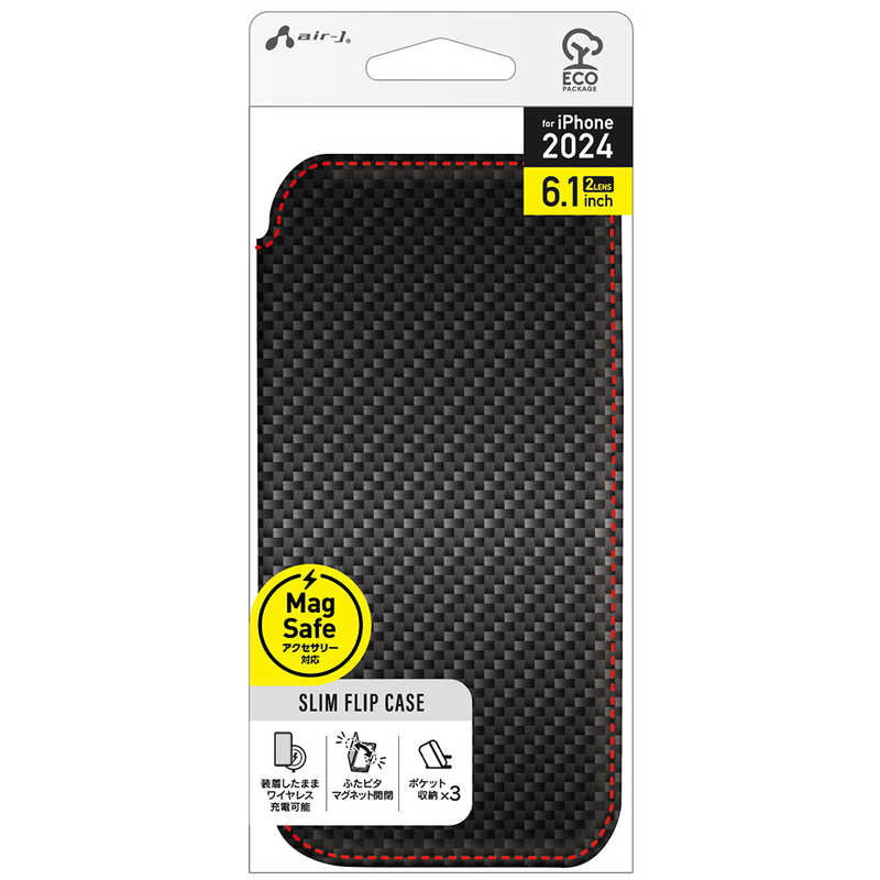 エアージェイ air-j iPhone 16用MAGSAFE対応 スリム手帳型ケース カーボン／レッドライン AC-P24-PMB CBR