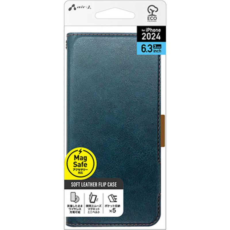 エアージェイ air-j iPhone 16 Pro用MAGSAFE対応 手帳型PBケース ブルー AC-P24P-PB BL