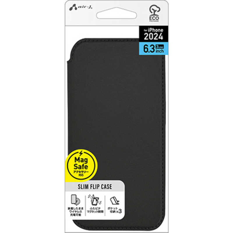 エアージェイ air-j iPhone 16 Pro用MAGSAFE対応 スリム手帳型ケース ブラック AC-P24P-PMB BK