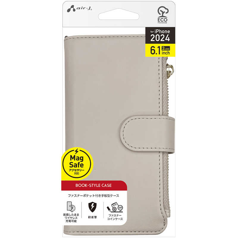 エアージェイ air-j iPhone 16用MAGSAFE対応 ウォレット手帳型ケース ベージュ AC-P24-WL BE