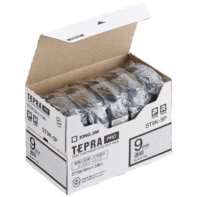 キングジム テプラ PROテープエコパック 透明ラベル 9mm幅 透明/黒文字(5個入り) ST9K5P