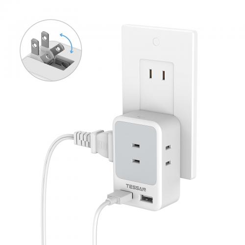 TESSAN テッサン 電源タップ USB コンセントタップ 雷ガード付 3個AC口 2つUSBポート 分岐 充電 スイングプラグ TS-723-GR-JP