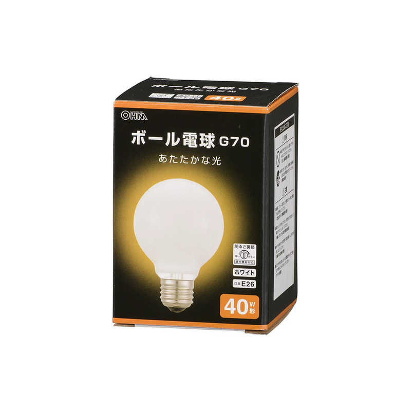 オーム電機 ボール電球 E26 40W形 G70 ホワイト ［E26 /ボール電球形 /40W相当 /電球色 /1個 /全方向タイプ］ LBG7640KWN