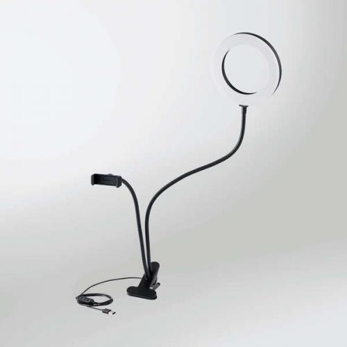 エレコム ELECOM LEDリングライト 自撮りライト 3色調光 最大640lm 10段階調整 USB-A給電 動画配信 クリップスタンド付き フレキシブルアーム 16cm DE-L01BK