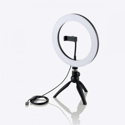 エレコム ELECOM LEDリングライト 自撮りライト 3色調光 最大1100lm 10段階調整 USB-A給電 動画配信 ミニ三脚スタンド付き ボールジョイント付き 26cm DE-L03BK