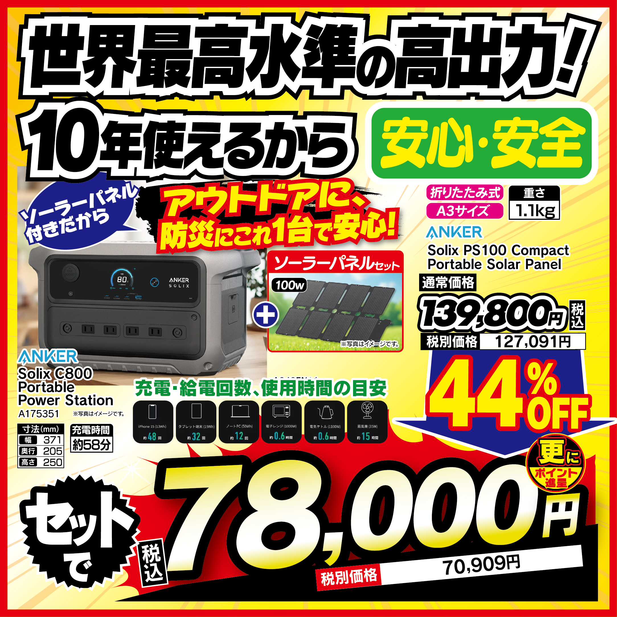 【100セット限定特価】Anker アンカー Solix C800 Portable Power Station ポータブル電源 768wh A17535Z1 + ポータブルソーラーパネル 最大100W出力 A2435NA1