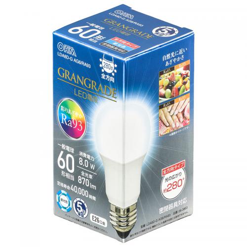 オーム OHM LED電球 E26 60形相当 昼光色 LDA8D-G-AG6-RA93