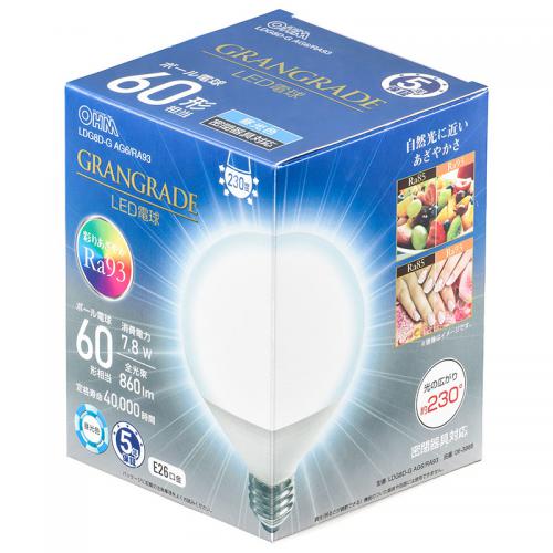 オーム OHM LED電球 ボール電球形 E26 60形相当 昼光色 LDG8D-G-AG6-RA93