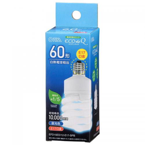 オーム電機 OHM 電球形蛍光灯 スパイラル形 E17 60形相当 昼光色 EFD15ED-12-E17SPB