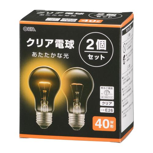 オーム電機 OHM 白熱電球 E26 40W形 電球色  クリア 2個セット LB-D5640C-2PN