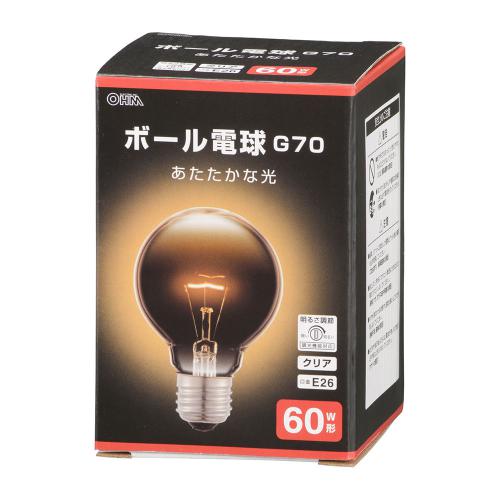 オーム電機 OHM ボール電球 E26 60W形 電球色 G70 クリア LB-G7660K-CN