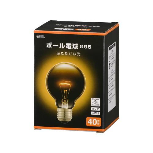 オーム電機 OHM ボール電球 E26 40W形 電球色 G95 クリア LB-G9638K-CN