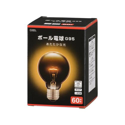 オーム電機 OHM ボール電球 E26 60W形  電球色 G95 クリア LB-G9657K-CN