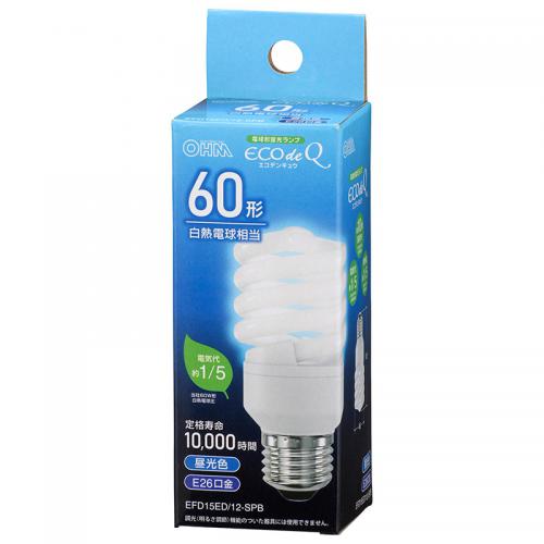 オーム電機 OHM 電球形蛍光灯 スパイラル形 E26 60形相当 昼光色 EFD15ED-12-SPB