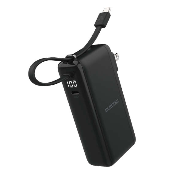 エレコム ELECOM モバイルバッテリー 10000mAh PD 35W PPS対応 USB-Cケーブル内蔵 2台同時 高速充電 折りたたみプラグ PSE適合 機内持込可 スマホ/タブレット/ノートPC対応 ブラック DE-AC15-10000BK