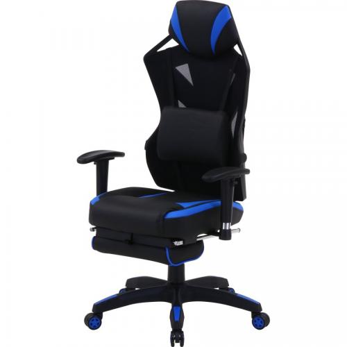 不二貿易 メッシュゲーミングチェア レイズブルー フットレスト付 回転式 リクライニング 19430