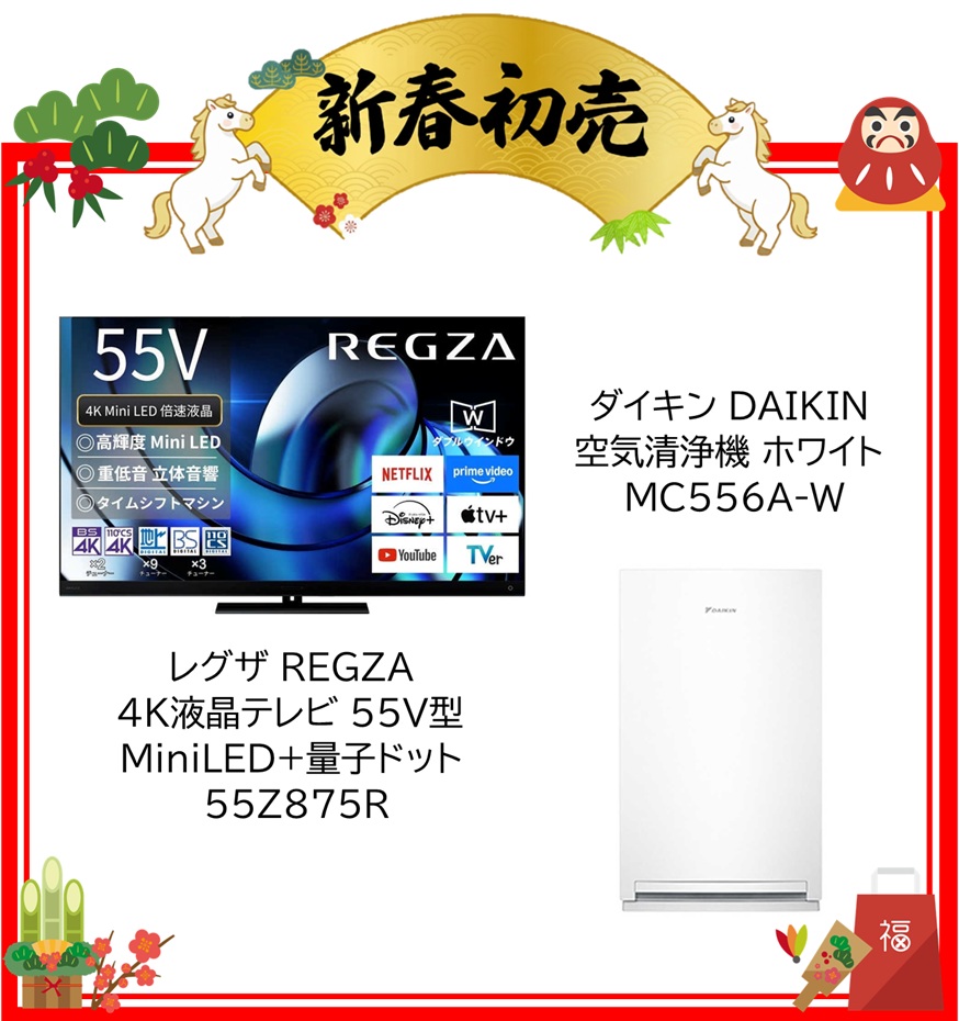 【2026年 福袋】レグザ REGZA 4K液晶テレビ 55V型 MiniLED+量子ドット 55Z875R・ダイキン DAIKIN 空気清浄機 ホワイト MC556A-W